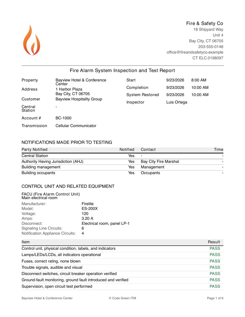 First page of the sample fire alarm report